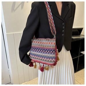 Small Fresh Ethnic Style Crossbody Bag for Women's New Fashion Versatile Wide Shoulder Strap Single Shoulder Bag Tassel Bucket Bag