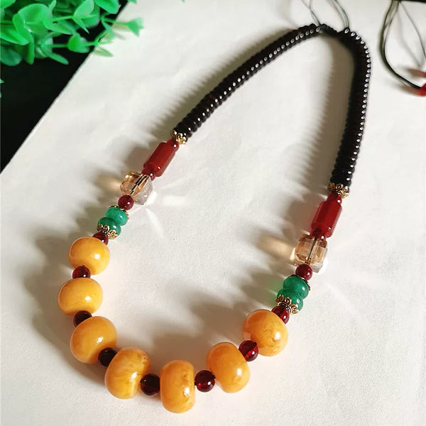 Original Design Classic Tibetan Beeswax Cake Necklace Chicken Oil Yellow Amber Clavicle Chain Female Ethnic Style Retro Neck Jewelry