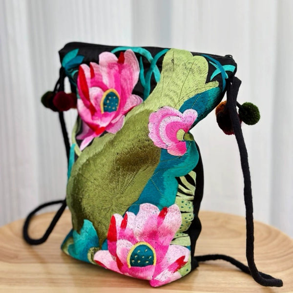 Lotus Embroidery, Embroidery Change Bag, Literary and Artistic Fan Embroidery Gift Bag