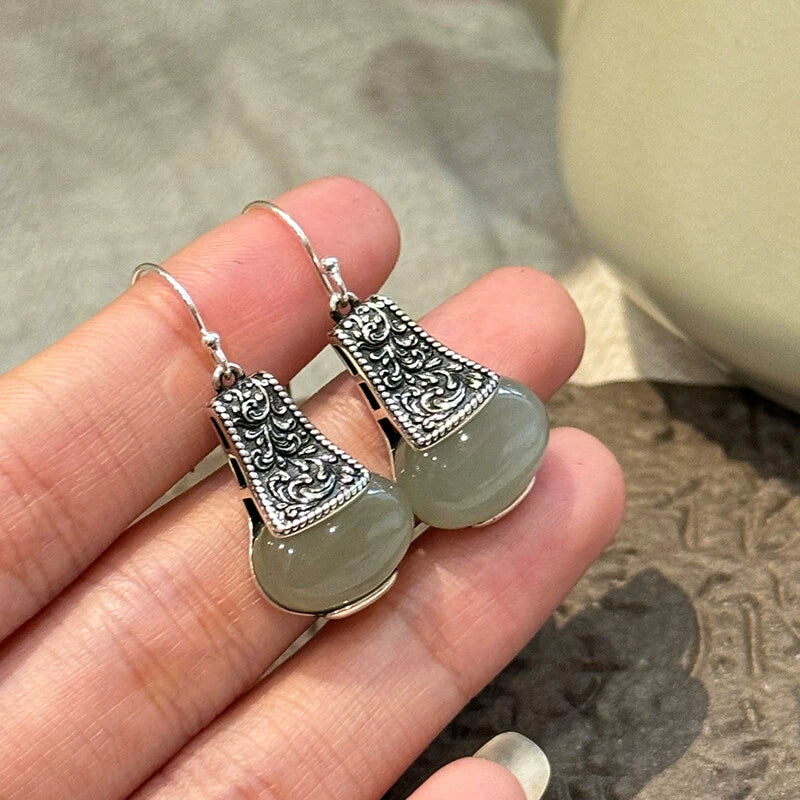 925 Silver Retro New Tibet Grass Pattern Jade Light Bulb Earrings, Ear Hooks, Ethnic Style Jewelry, Niche and High-end Sense