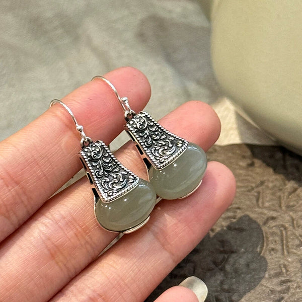 925 Silver Retro New Tibet Grass Pattern Jade Light Bulb Earrings, Ear Hooks, Ethnic Style Jewelry, Niche and High-end Sense
