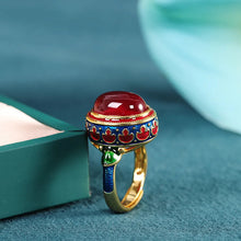 Load image into Gallery viewer, Gilded Enamel Color National Style Flower Light Luxury Ruby Female Living Ring Earrings