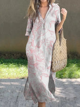 Load image into Gallery viewer, New Casual Summer Loose Skirt Slit V-neck Print Imitation Hemp Dress Cotton