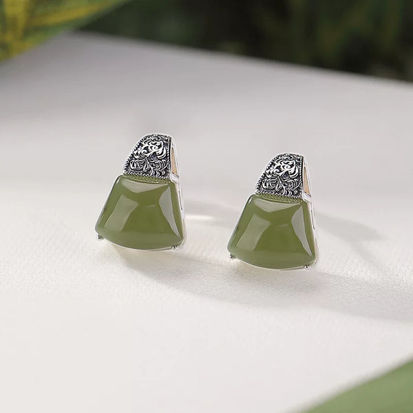 Vintage 925 Silver Tang Grass Pattern Fan-shaped Hetian Sapphire Stud Earrings Women's New Niche High-end Temperament Earrings