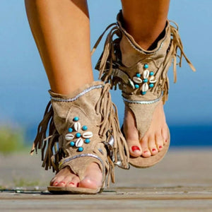 Summer Flat Bottomed Fringed Handmade Beaded Women's Sandals