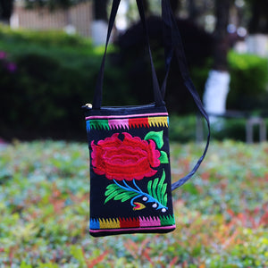 Ethnic Style Tribal Embroidery Flower Crossbody 6.5 Inch Mobile Phone Bag Hanging Neck Mobile Phone Bag