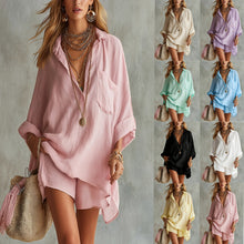 Load image into Gallery viewer, Summer New Women's Fashion Cotton Linen Pockets Beach Shorts Shirt Set