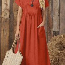 Load image into Gallery viewer, Women's Clothing Long Dress New Solid Color Round Neck Pocket Pleated Short Sleeve Cotton and Linen Dress