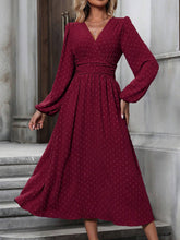 Load image into Gallery viewer, Autumn and Winter New Medium Hairball Diagonal Neck Lantern Sleeve Pleated Waist Dress