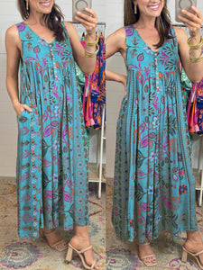 Summer New Women's Retro Print Loose Sleeveless jumpsuit