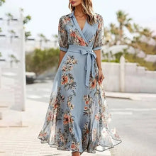 Load image into Gallery viewer, 2025 Women&#39;s Clothing Short-sleeved V-neck, Digital Printing, Thin Waist, Dress