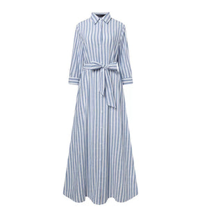 Cotton and Linen Yarn-dyed Sliver Women's Cardigan Belt High-end Loose Seven-quarter Sleeve Temperament Casual Dress