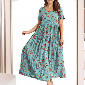 Summer Beach Medium and Long Dress Comfortable Pleated Dress Casual Loose Floral Dress