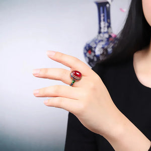 Gilded Enamel Color National Style Flower Light Luxury Ruby Female Living Ring Earrings