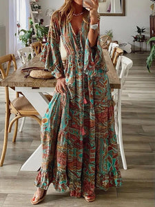 Bohemian Style Bell Sleeve Print V-neck High-waisted Resort Dress Floral Women's Dress