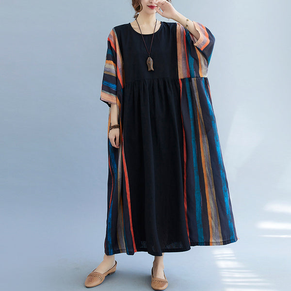 Vintage Vacation Style Long Dress with Loose Striped Patchwork Temperament Dress