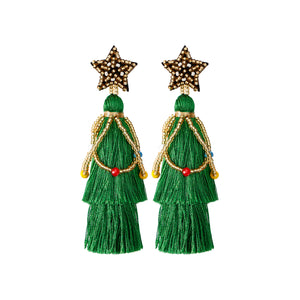 Ethnic Style Fringe Christmas Earrings, New Long Exaggerated Lightweight Rice Beads, Five-pointed Star Hand-woven Earrings