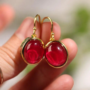 Gilded Enamel Color National Style Flower Light Luxury Ruby Female Living Ring Earrings