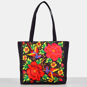 Ethnic Style Embroidered Shoulder Bag with Large Capacity Women's Tote Bag, Canvas, National Style Peony Handbag, Shopping Bag