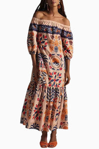 Summer New Retro Print Off Shoulder Loose Pocket Dress