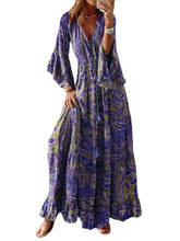 Load image into Gallery viewer, Bohemian Style Bell Sleeve Print V-neck High-waisted Resort Dress Floral Women&#39;s Dress