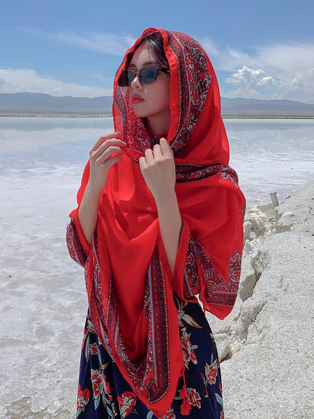 Red Ethnic Style Sunscreen Shawl Women's Summer Thin Style Wrapped with Silk Scarves, Beach Scarves