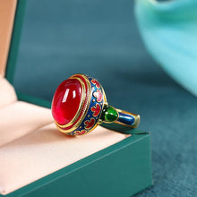 Load image into Gallery viewer, Gilded Enamel Color National Style Flower Light Luxury Ruby Female Living Ring Earrings