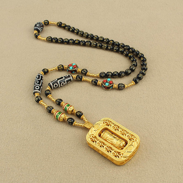Sand Gold Pendant, Thangka with Chain, Removable Long Necklace, Six-character Motto Agate Dzi Beads, High-end Retro Chain