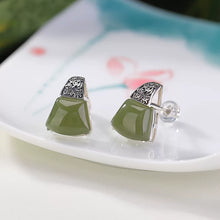 Load image into Gallery viewer, Vintage 925 Silver Tang Grass Pattern Fan-shaped Hetian Sapphire Stud Earrings Women's New Niche High-end Temperament Earrings