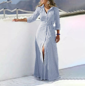 Cotton and Linen Yarn-dyed Sliver Women's Cardigan Belt High-end Loose Seven-quarter Sleeve Temperament Casual Dress