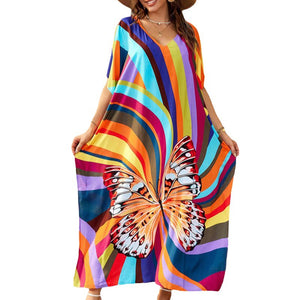 Cotton Colorful Stripe Butterfly Print Beach Coverup Robe Style Holiday Sunscreen Shirt Swimwear Coverup