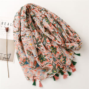 Bohemian Ethnic Style Sunscreen Shawl Spring/Summer Thin Silk Scarf Balinese Flower Totem Tassel Scarf