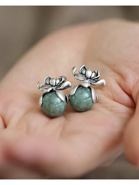 S925 Silver Good Things Lianlian Round Bead Earrings Women's Niche Design Sense Ethnic Style Lotus Anti-Allergy Earrings