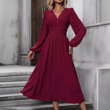 Load image into Gallery viewer, Autumn and Winter New Medium Hairball Diagonal Neck Lantern Sleeve Pleated Waist Dress