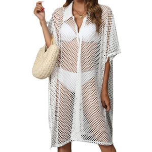 Beach Clothes Holiday Women's Grid Stitching Shirt Collar Irregular Dress