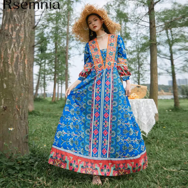 Bohemian ethnic style dress embroidered seaside travel long beach dress