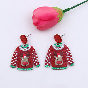 New Red Sweater Christmas Earrings Earstuds Cute Elk Santa Claus Christmas Tree Snowman Earrings