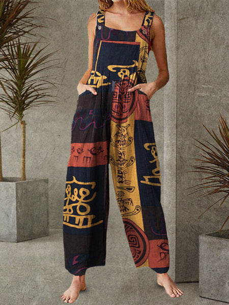 Women's Clothing Bohemian Character Print Suspenders Jumpsuit