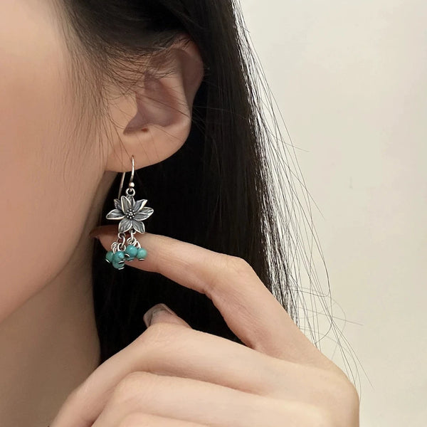 925 Silver Retro New Tibetan Lotus Fringed Turquoise Earrings Women's Ethnic Style Old Niche Design High Sense