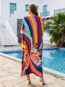 Cotton Colorful Stripe Butterfly Print Beach Coverup Robe Style Holiday Sunscreen Shirt Swimwear Coverup