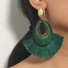 Load image into Gallery viewer, Bohemian peacock feather tassels exaggerated long earrings