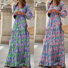 Load image into Gallery viewer, New Temperament V-neck Bohemian Print Swing Dress