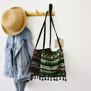 Original Ethnic Style Single Shoulder Bag with Tassel Retro Art Cross Shoulder Bag with Bohemian Style Fabric Bag