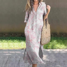 Load image into Gallery viewer, New Casual Summer Loose Skirt Slit V-neck Print Imitation Hemp Dress Cotton