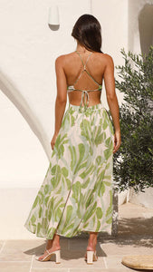 Summer New Women's V-neck Backless Lace Up Printed Large Hem Long Dress