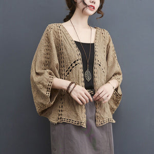 Spring/Summer Cotton Embroidered Lace Cardigan Short Bat Sleeves Loose Shawl 7/4 Sleeve Air Conditioning Sun Protection Cover Up