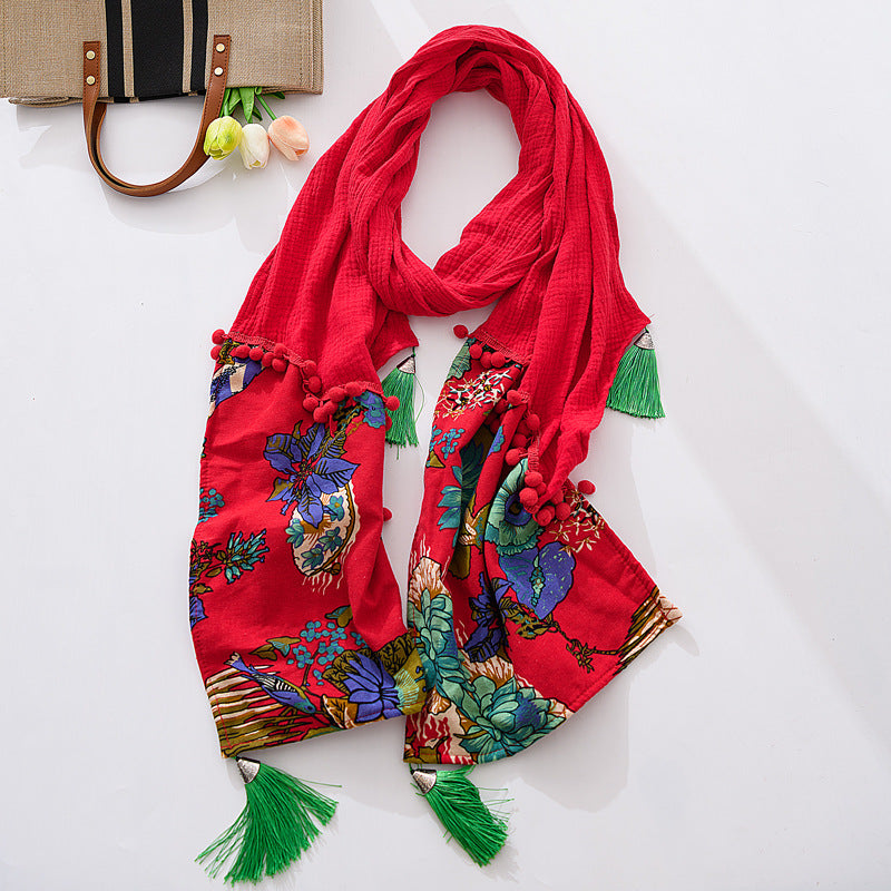 Spring and Autumn Cotton and Hemp Red Scarf Retro Winter Versatile Art Shawl