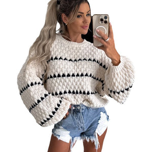 Autumn and Winter New Sweater Thick Needle Loose Plus Size Twist Striped Crew Neck Jumper Women
