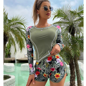 Surfing Suit Long Sleeve Anti Diving Suit Printed Flat Angle Split Conservative Swimwear for Women