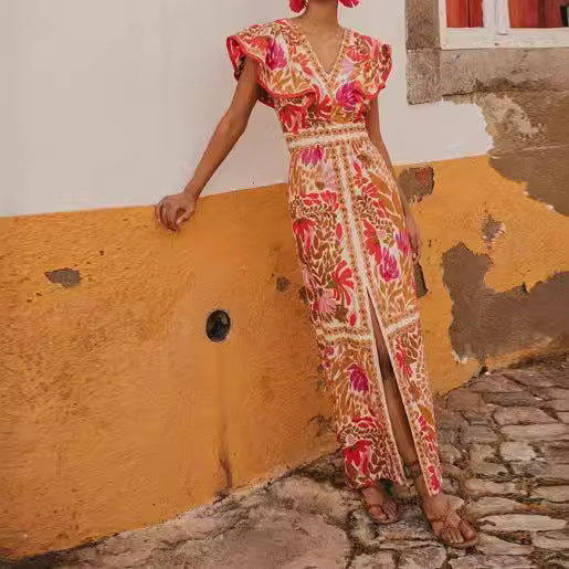 New V-neck Feifei Sleeve Split Dress High Waist Backless Long Dress Celebrity Style